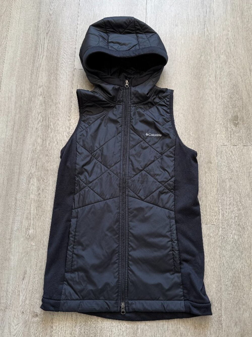 Columbia Black Hooded Quilted Fleece Hybrid Vest, Size M